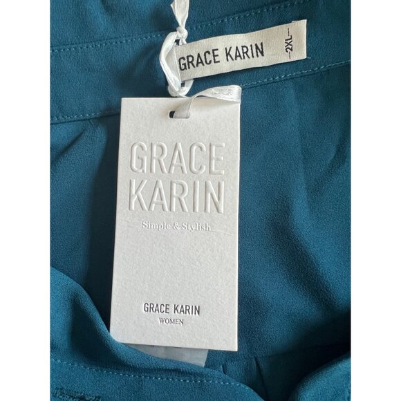 Grace Karin Teal Button-Up Blouse W/ Tie Front & Collared Neckline 2XL - Picture 12 of 16